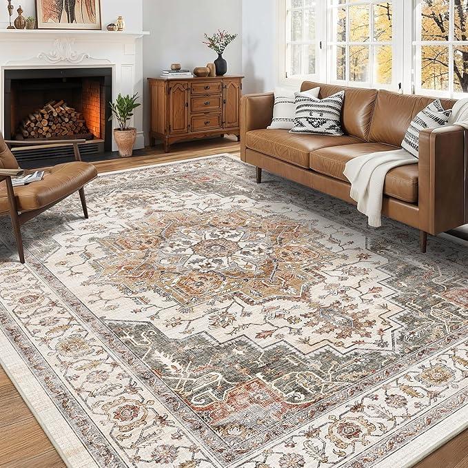 5x7 Area Rugs for Living Room Ultra-Soft Washable Rug Vintage Distressed Boho Area Rug, Non-Slip Retro Print Low Pile Stain Resistant Carpet for Bedroom Dining Room Kitchen Office