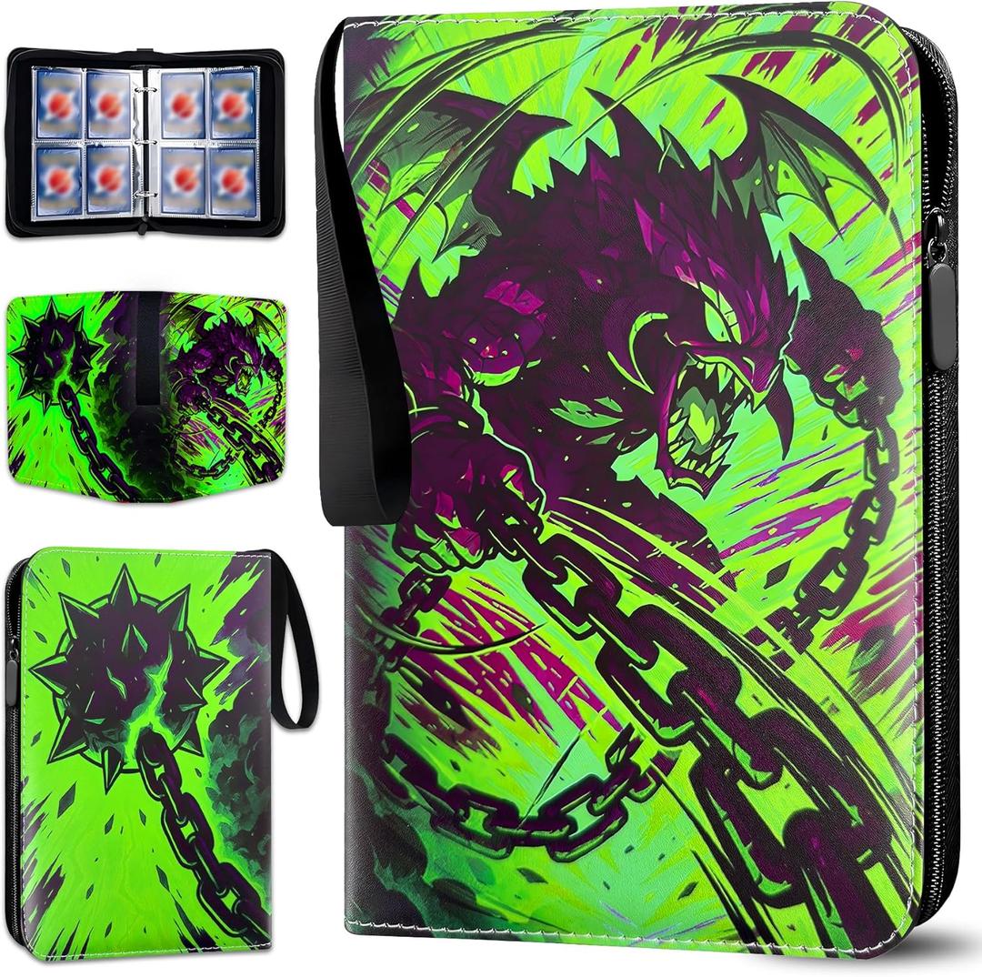 Protective Trading Card Albums - 4 Pocket Double Sided Collection Binder for 400 Cards, Durable Scratch-Resistant PU Cover, Sleeves for 3 Ring Binder, Portable Organizer for MTG Game Card(Green Rosha)