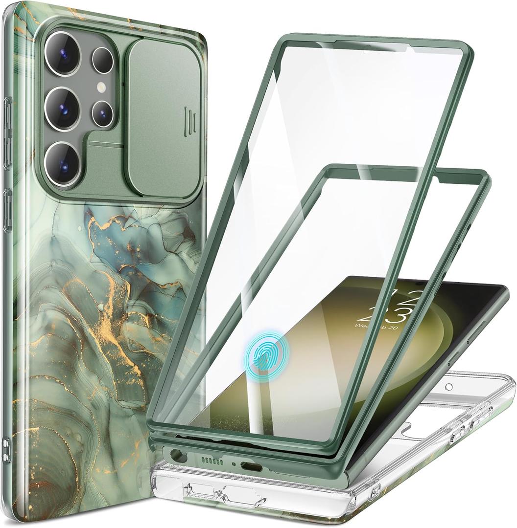 GVIEWIN for Samsung Galaxy S23 Ultra Case with Slide Camera Cover, [Built-in Screen Protector] [2 Front Frames] Military Grade Shockproof, Marble Phone Case Fit S23 Ultra 6.8", Desert Dream/Green