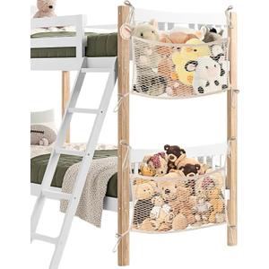 2 Pack Stuffed Animal Storage Net for Kids, Bedside Toy Organizer Net - Neatly Store Your Stuffed Animals, Cotton Bedside Stuffed Animal Storage Net with Tether, Stretches up to 35 Inches, Beige