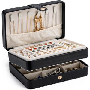 MODENGKONGJIAN Jewelry Organizer Box, 2-Layer Large Jewelry Storage Case, Portable Travel Jewelrys Display Holder for Earrings, Necklaces, Bracelets (Black, PU Leather)
