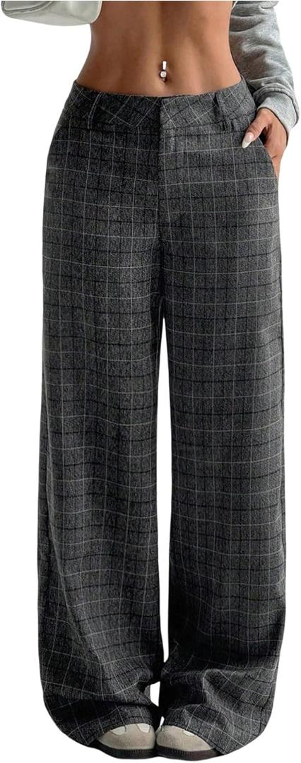 GORGLITTER Women's Plaid Low Rise Trousers Dress Pants Casual Loose Pants Baggy Flannel Gingham Wide Leg Pants (Medium, Tall Dark Grey)