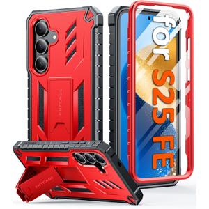 FNTCASE for Samsung Galaxy S25-FE Case: with [Built-in Screen Protector & Kickstand] [Military-Grade Drop Protection] Heavy Duty Protective Full Body Shockproof Rugged Sturdy TPU Phone Cover Red