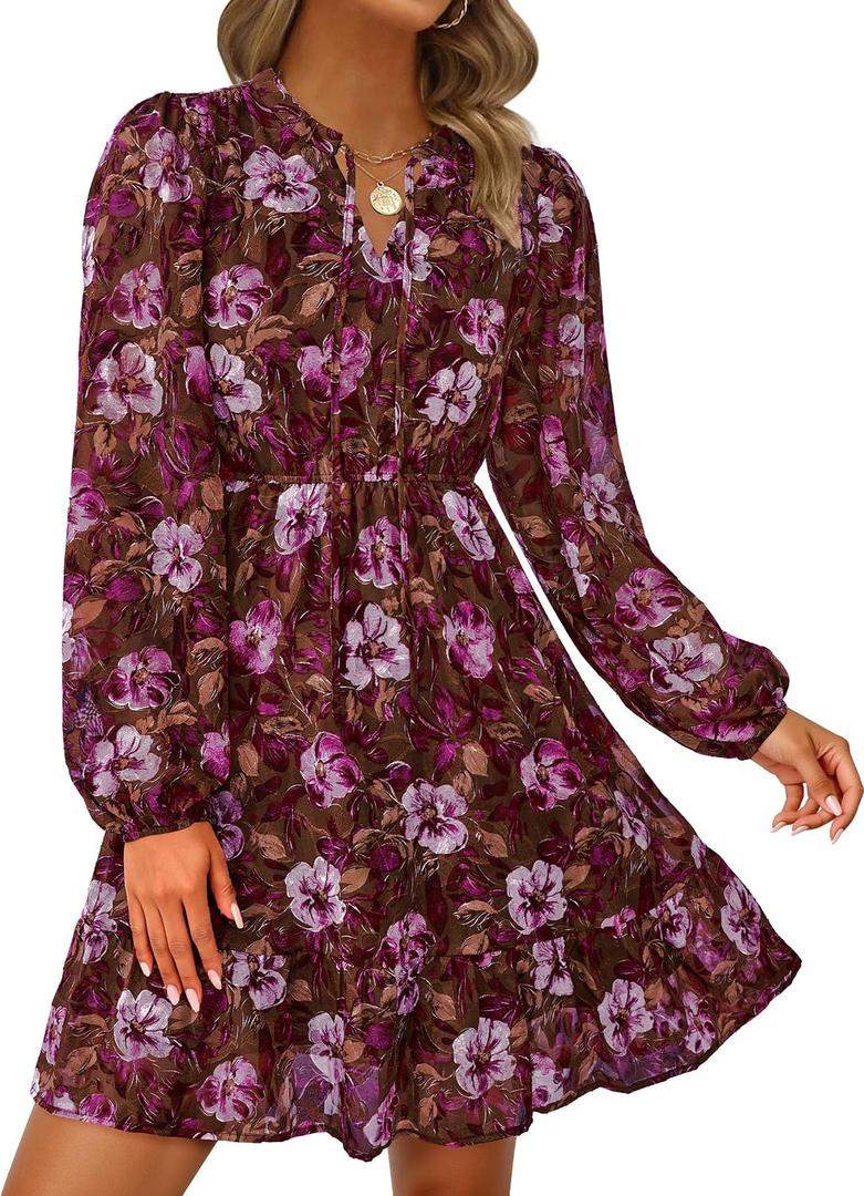 PRETTYGARDEN Women's Fall Boho Dresses 2026 Floral Long Sleeve V Neck Mini Flowy Wedding Guest Dress Trendy Vacation Outfits (M)