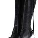 Oiamenne Knee High Boots for Women Fashion Slide Zipper Pointed Toe Stiletto Studded High Heel Rivets Tassel Boots Party Dress Shoes (10, Black)
