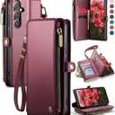 Defencase Compatible with Samsung Galaxy S24 Case Wallet with RFID Blocking Card Holder for Women Men, PU Leather Magnetic Snap Flip Zipper Strap Wallet Phone Case Fit for Galaxy S24 6.2", Wine Red