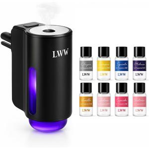 LWW Smart Car Air Freshener - 3 Levels Strength with Ventilation Clip, Rechargeable Car Fragrance Atomizer - with 8 10ml Bottles of Fragrance, Long Lasting Oil Diffuser (Black)