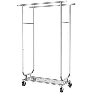 Sakugi Heavy-Duty Clothes Rack - Double-Rod Stainless Steel Garment Rack with 4-inch Lockable Wheels, Clothing Racks for Hanging Clothes in Bedroom, Laundry Room, 43.3"×16.5"×60.5", Silver
