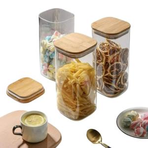 Glass Storage Jars with Wooden Lids - Airtight Food Containers for Sugar, Candy, Cookies, Rice, Spices, Nuts, Coffee, Tea Perfect for Kitchen Pantry Organization (4 Pack of 10floz)