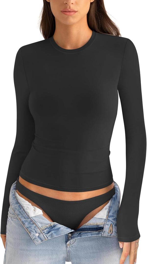 Womens Cotton Long Sleeve Shirts Crew Neck Slim Fit Basic Going Out Crop Outfits for Spring Fall 2025 (X-Small, True Black)