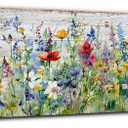 Rustic Wildflower Wall Art Colorful Farmhouse Floral Scenery Picture Decor Watercolor Flower Landscape Wood Grain Prints Painting Artwork for Living Room Office Bathroom Bedroom Home Decoration 14x48" (14L" x 48W")