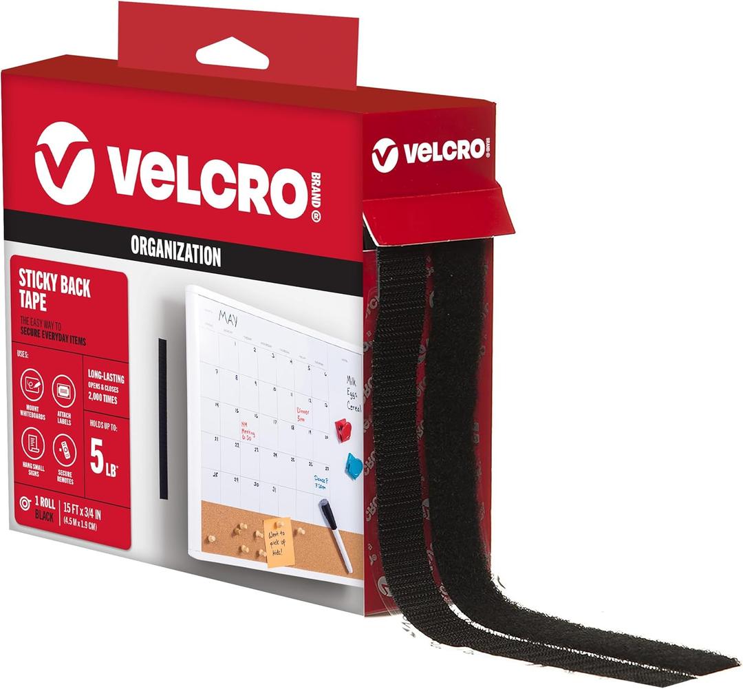 VELCRO Brand Sticky Back Tape for Organization, 15' x 3/4", Black, (90081)