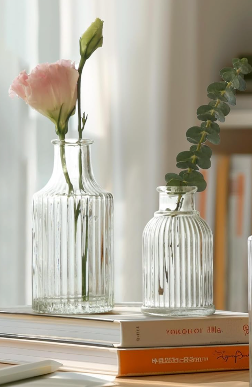 ComSaf Glass Bud Vases Set of 2, Small Flower Vases in Bulk, Mini Ribbed Vases for Centerpieces, Clear Vintage Vase for Table Decorations, Wedding, Party, Receptions, Home Decor