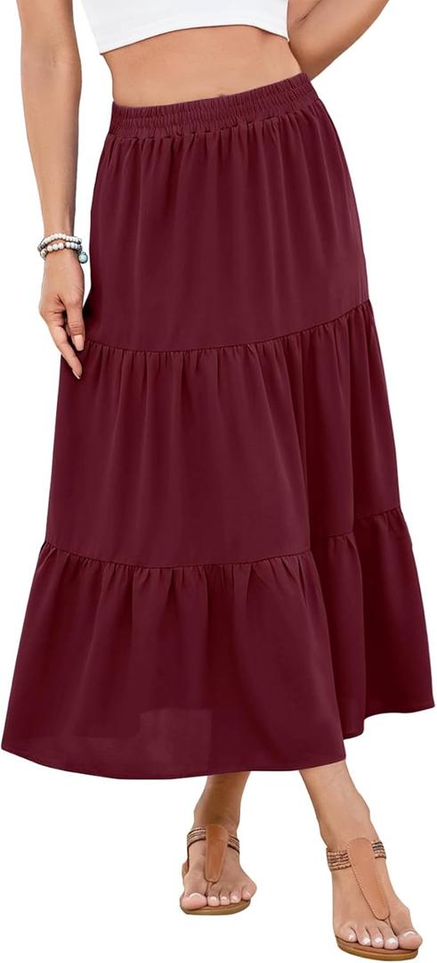 Women's 2025 Summer Boho Tiered Maxi Skirt Flowy A-Line Elastic Waist with Pockets Trendy Beach Long Skirts (XXL)