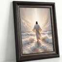 Dark Brown Framed Jesus Walks On Water Canvas Wall Art Jesus walking on water back view Wall Decor Picture Christian Bible Stories Poster Print painting for Living Room Bedroom Church Decoration 36"L x 24"W-Canvas