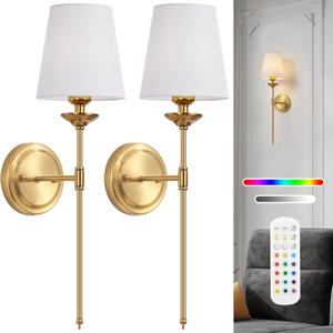 Rechargeable Battery Operated Wall Sconces Set of 2 Wireless Wall Light Fixture with Remote No Wiring Gold Dimmable Cordless Wall lamp for Bedroom Kids Room
