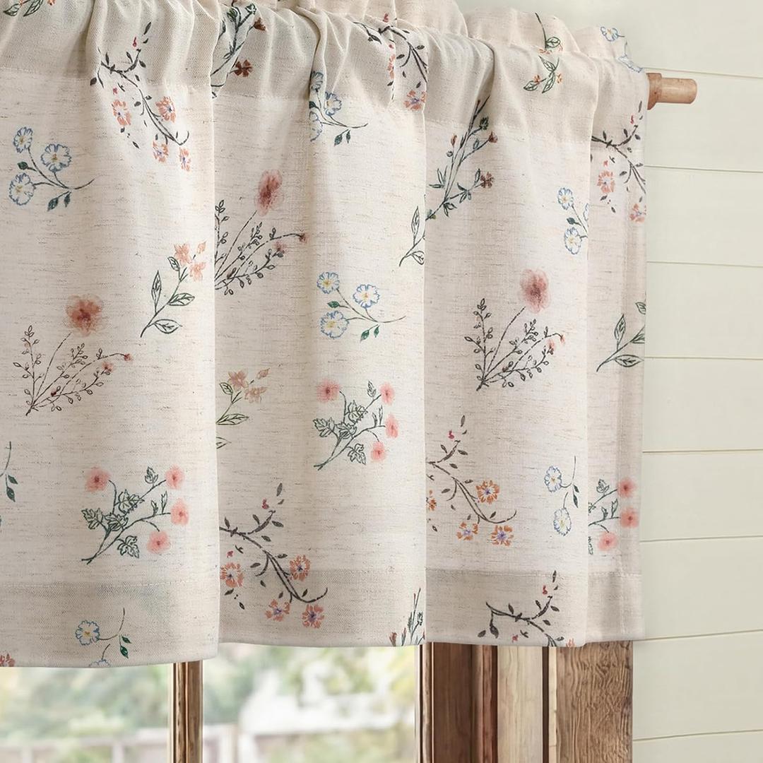 Kitchen Valances for Windows, Country Farmhouse Cottage Rustic Vintage Floral Linen Light Filtering Bedroom Living Room Patterned Printed Western Rod Pocket(1 Panel,52 x 18 Inch)