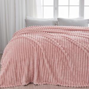 NEWCOSPLAY Super Soft Queen Blanket Pink Premium Silky Flannel Fleece 3D Ribbed Jacquard Lightweight Bed Blanket All Season Use (Pink Ribbed, Queen(90"x90"))