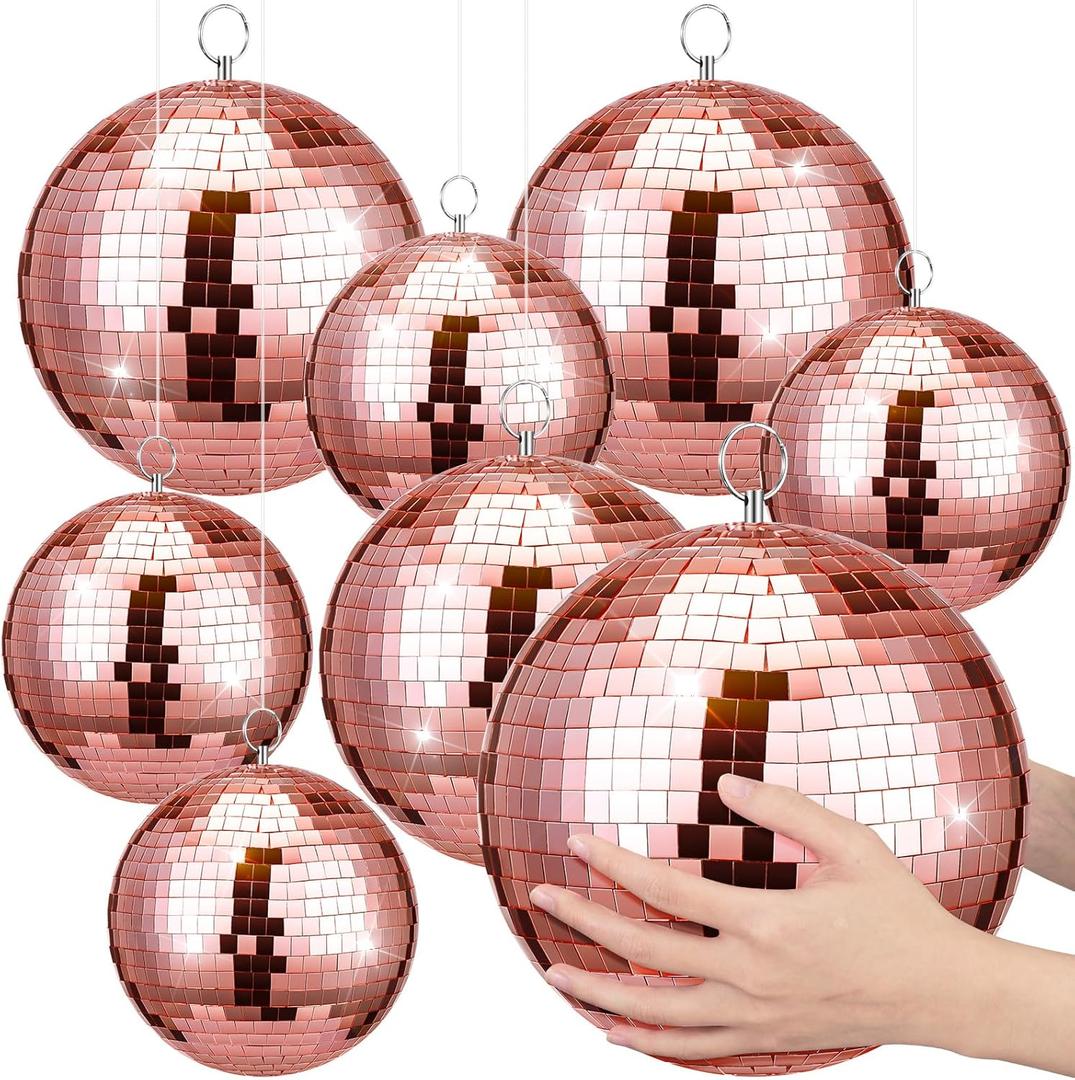 8 Pack Rose Gold Disco Balls 8/6/4 Inch 70s Disco Balls Hanging Ornaments with Rings for Dj Club Birthday Wedding Bachelorette Party Decoration
