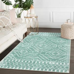 Wonnitar Moroccan Area Rugs 4x6, Sage Green Boho Rug for Bedroom, Washable Ultra-Thin Living Room Throw Mat, Farmhouse Geometric Soft Print Carpet for Nursery Bathroom Kitchen (Mint Green, 4'x6')