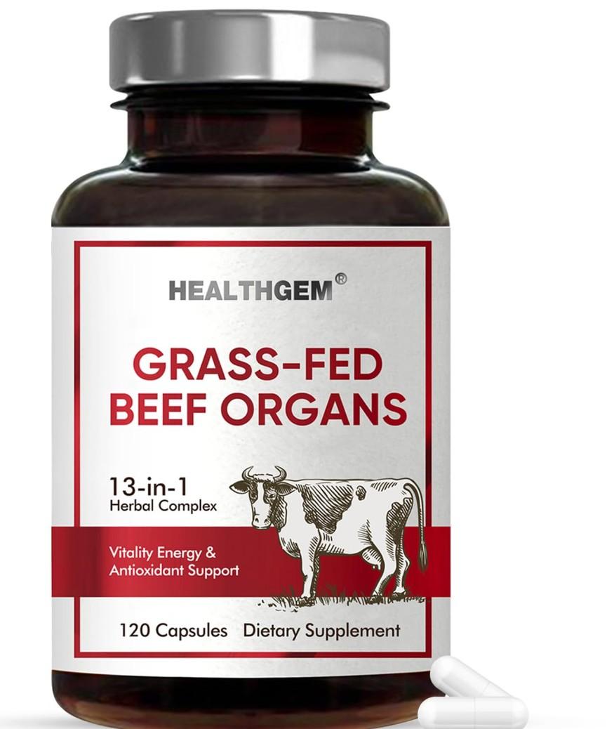 Beef Organs Supplement, Grass Fed Beef Liver, Kidney, Heart, Pancreas, Lung, Spleen, Bone, Total Body Wellness & Performance, Non-GMO, Gluten-Free, 120 Count, EXP 11/09/2028