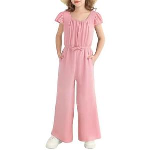 YOURUIKEY Tween Girls Jumpsuit Teen Preppy Clothes Cap Sleeve Smocked Drawstrings Romper Kids Jumper Summer Outfits Size 13-14 Y