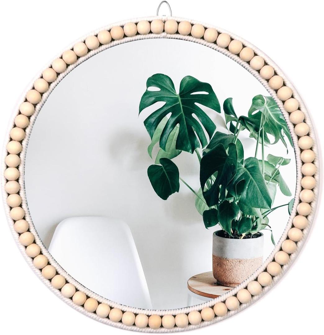 Boho Wall Mounted Circle Mirror, Wooden Round Mirror, Wall Decor for Bathroom Living Room Bedroom, Decorative Hanging Mirror Farmhouse Nursery Furniture (17 inch)