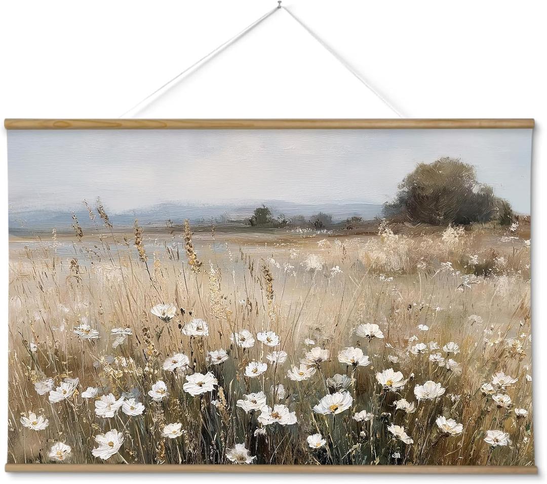 ARPEOTCY Extra Large Vintage Framed Wall Art, 36x54 Inch Wildflower Field Floral Landscape Hanging Canvas Prints Scroll Wall Art Decor for Living Room Bedroom, Retro Scenery Pictures Above of Bed