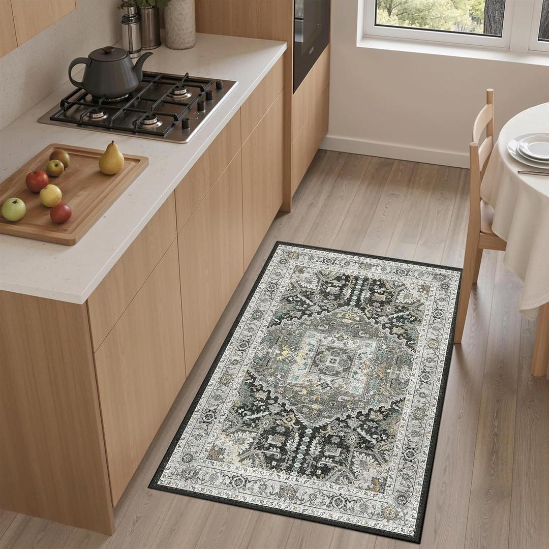 Madane Washable Area Rug 2x3, Small Entryway Rug Non-Slip Vintage Door Mat Indoor Entrance, Low Pile Floor Carpet for Inside Front Door Kitchen Entry (2'x3', Grey Green/Black Olive)