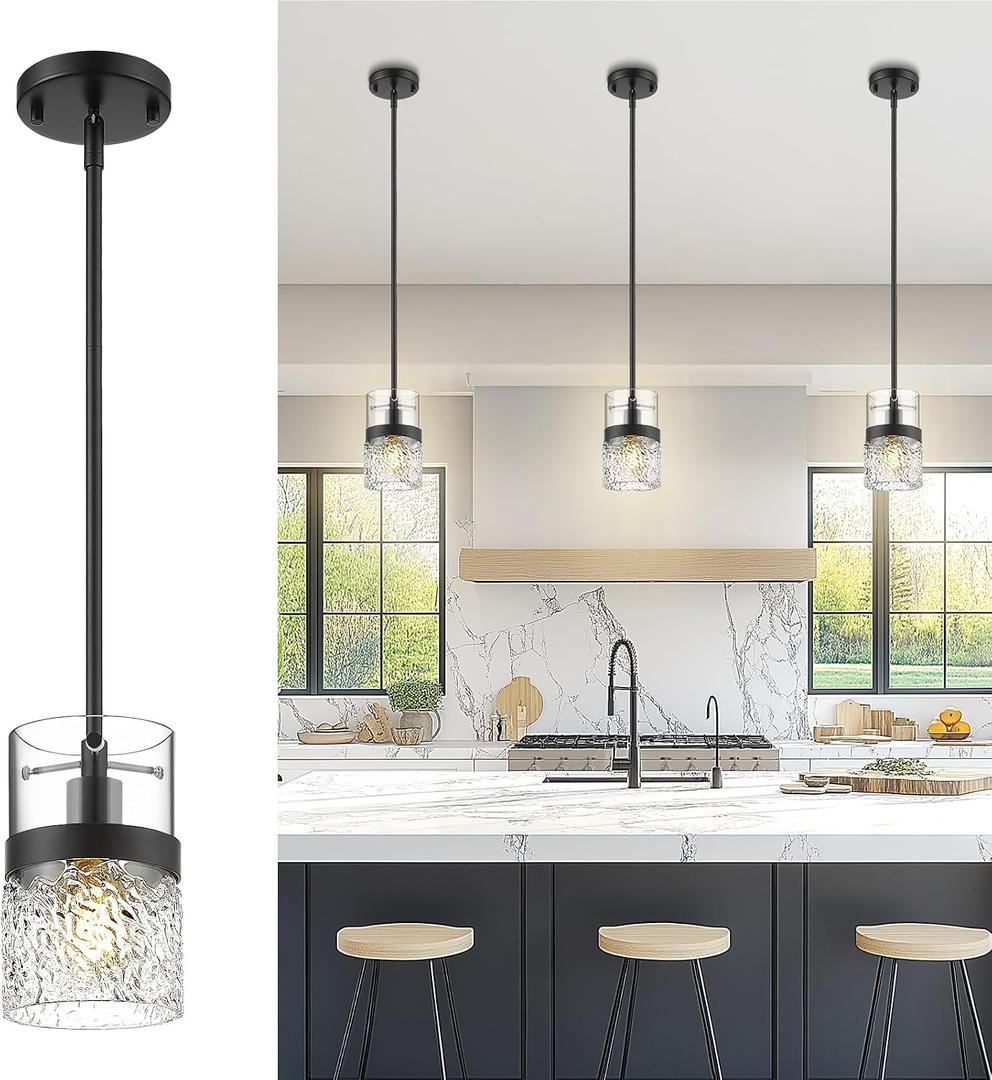 LMS 5 Inch Dia Black Pendant Light, Modern Hanging Lamp for Kitchen Island with Adjustable Rod, Medium Linear Light Fixtures with Hammered Glass, LMS-171PL-BKM