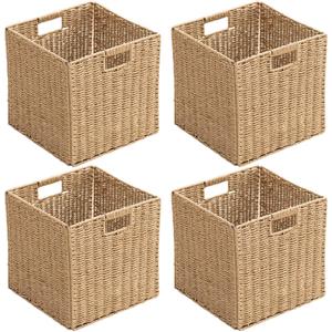 Handwoven Paper Woven Cube Basket Organizer with Handles set of 4 Foldable Storage baskets for Bedroom Living Room Cubby Storage Units for Clothes Books Toys (Natural, 13" L x 13" W x 13" H)