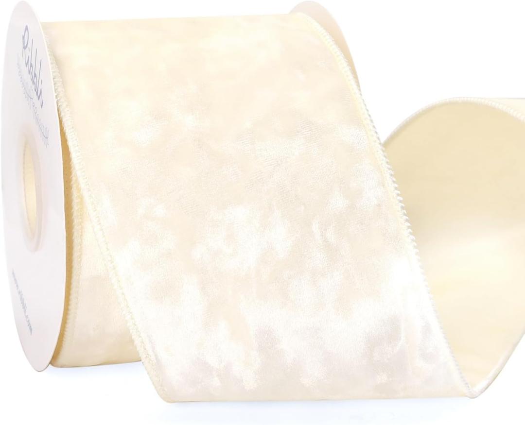 Ribbli Ivory Velvet Wired Ribbon 4 Inch Crushed Velvet Christmas Ribbon for Gift Wrapping Christmas Tree Decoration Crafts Wreaths Supplies-Continuous 10 Yards