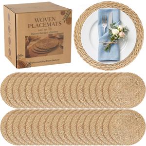 36 Pack 12IN Round Woven Placemats, Natural Bulrush Boho Farmhouse Mats