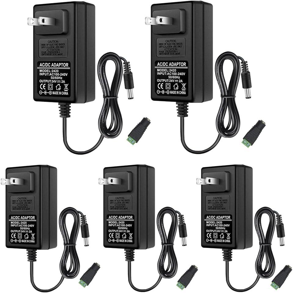 24V Power Supply, 24 Volt 2A 48W LED Power Supply Adapter, AC 100-240V to DC 24V Converter Transformer for LED Strip Lights, Wall Plug Power Supply with 5.5/2.1 DC Female Connector (5 Pack)