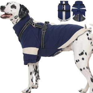 XL Winter Coat for Medium Dogs,Reflective Harness Built in | Turtleneck Dog Snowsuit with Sleeves for Snow Day Keep Warm,Outdoor Activities Water-Repellent & Windproof Jacket (Navy-Blue) (X-LargeChest 29.5")