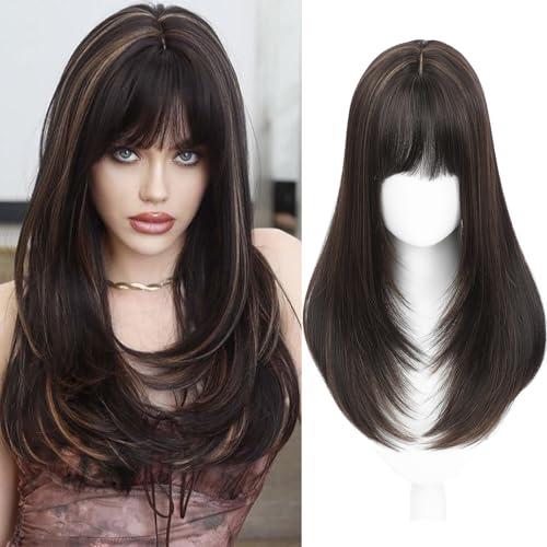 ELEVAVE Hair Toppers for Women with Thinning Hair, 20 Inch Toppers Hairpieces for Women Clip in Bangs 360° 3D Realistic Scalp (Dark Brown with Highlights, Wispy Bangs)