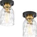 zeyu Modern Ceiling Light Set of 2, 1-Light Semi Flush Mount Ceiling Lighting Fixture for Bedroom Hallway, Water Ripple Glass Shade, Black and Gold Finish, ZG33F-2 BK+BG-WG