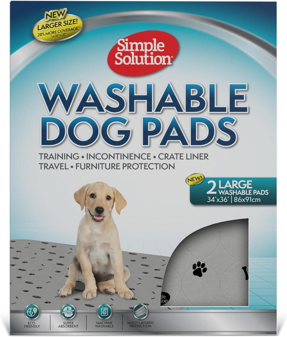 Simple Solution Washable Puppy Pads, Reusable Dog Pad, 34"x36", 2 Count | Dog Training Pads, Waterproof, Odor Control, Housebreaking, Senior Dogs, Reusable Dog Pads, Travel Friendly, Quick Dry