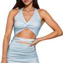 Womens V-Neck Halter Sleeveless Twist Front Cutout Bodycon Dresses Ruched Lace Up Back Backless Sexy Mini Dresses (Blue, L)