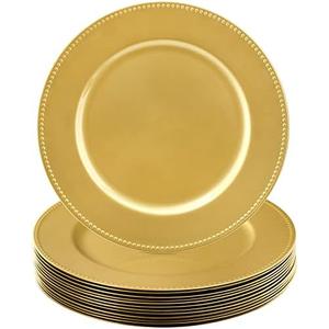 Okllen 11 Pack Plastic Gold Charger Plates, 13" Round Beaded Decorative Dinner Chargers for Wedding, Catering Event, Tabletop Decor