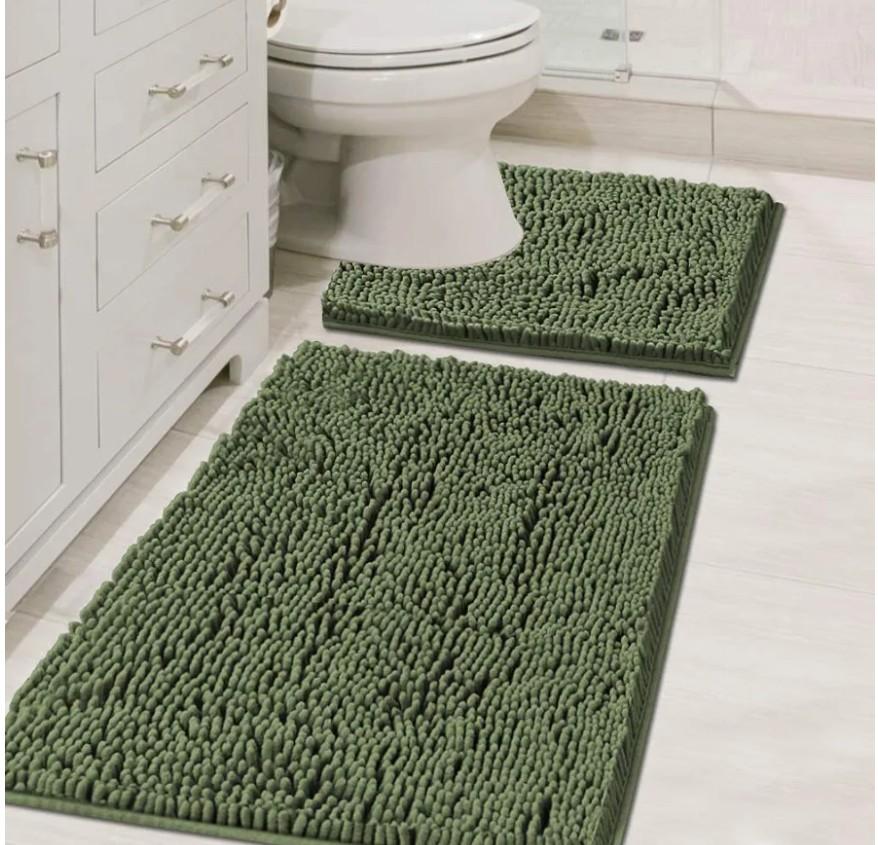 H.VERSAILTEX Bathroom Rugs Luxury Chenille Mat Set, Soft Plush Shower Rug + Toilet Mat, Microfiber Shaggy Carpet, Super Absorbent, Machine Washable (Curved Set, 32" x 20"/20" x 20", Loden)