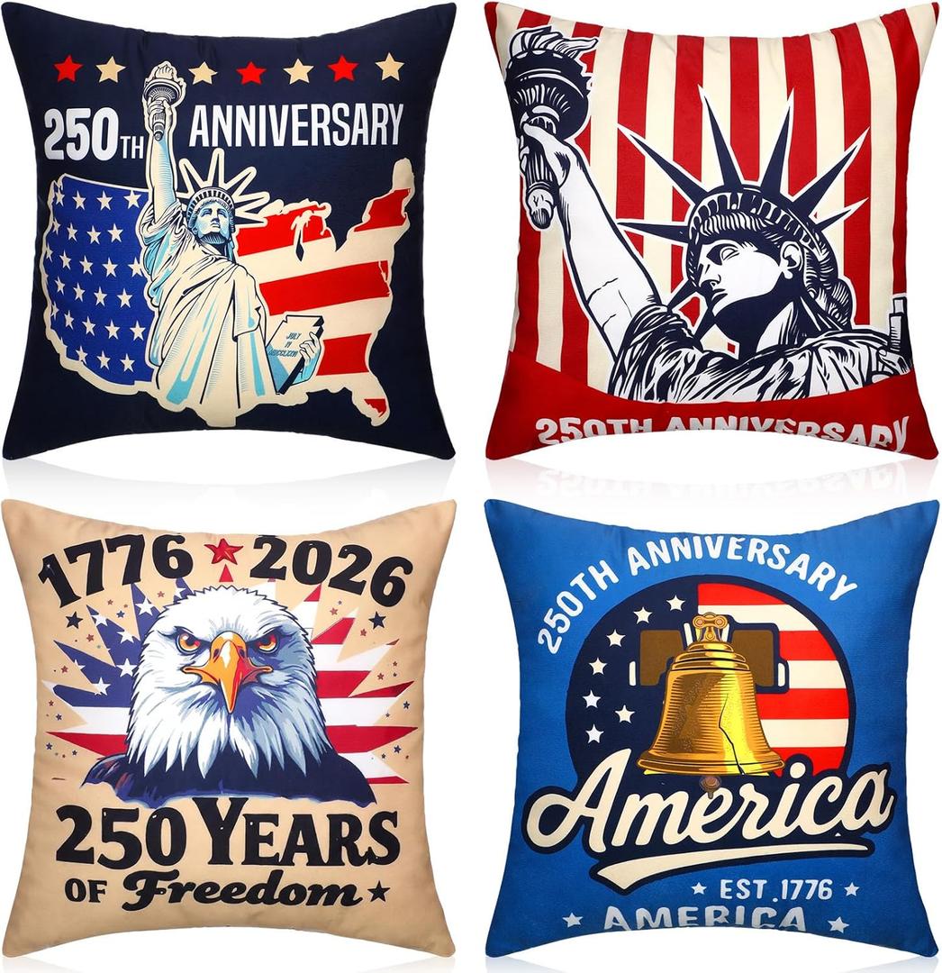 Mindsoft 250th Anniversary Patriotic Pillow Covers 18x18 Inch Set of 4 American Flag 4th of July Pillow Cover Red White and Blue 1776-2026 Pillowcase for Memorial Day Independence Day Sofa Couch Decor
