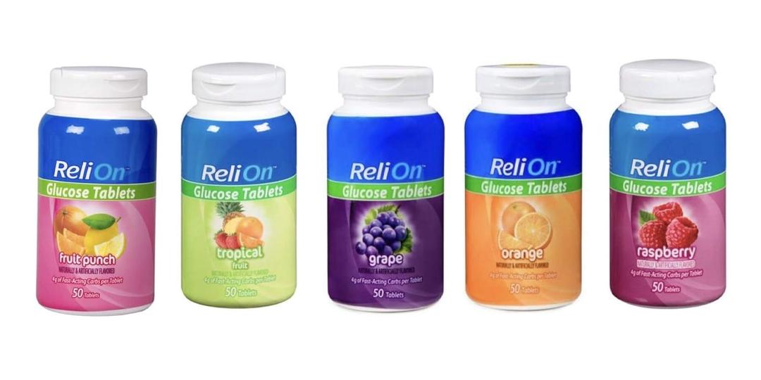 ReliOn Glucose Tablets Bundle of Fruit Punch, Tropical Fruit, Grape, Orange, and Raspberry (EXP 09/01/24)