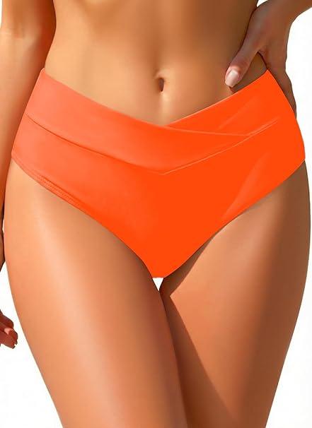 Tempt Me Women Full Coverage Bikini Bottom  V Cut Swimsuit High Waisted Bathing Suit Bottoms 2025 Neon Orange S