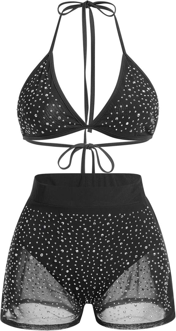 Women Sparkle Rhinestone Mesh Sheer Bikini Sets Halter Bra Top High Waist Shorts Bottom Swimsuits Rave Outfit (Black, M)