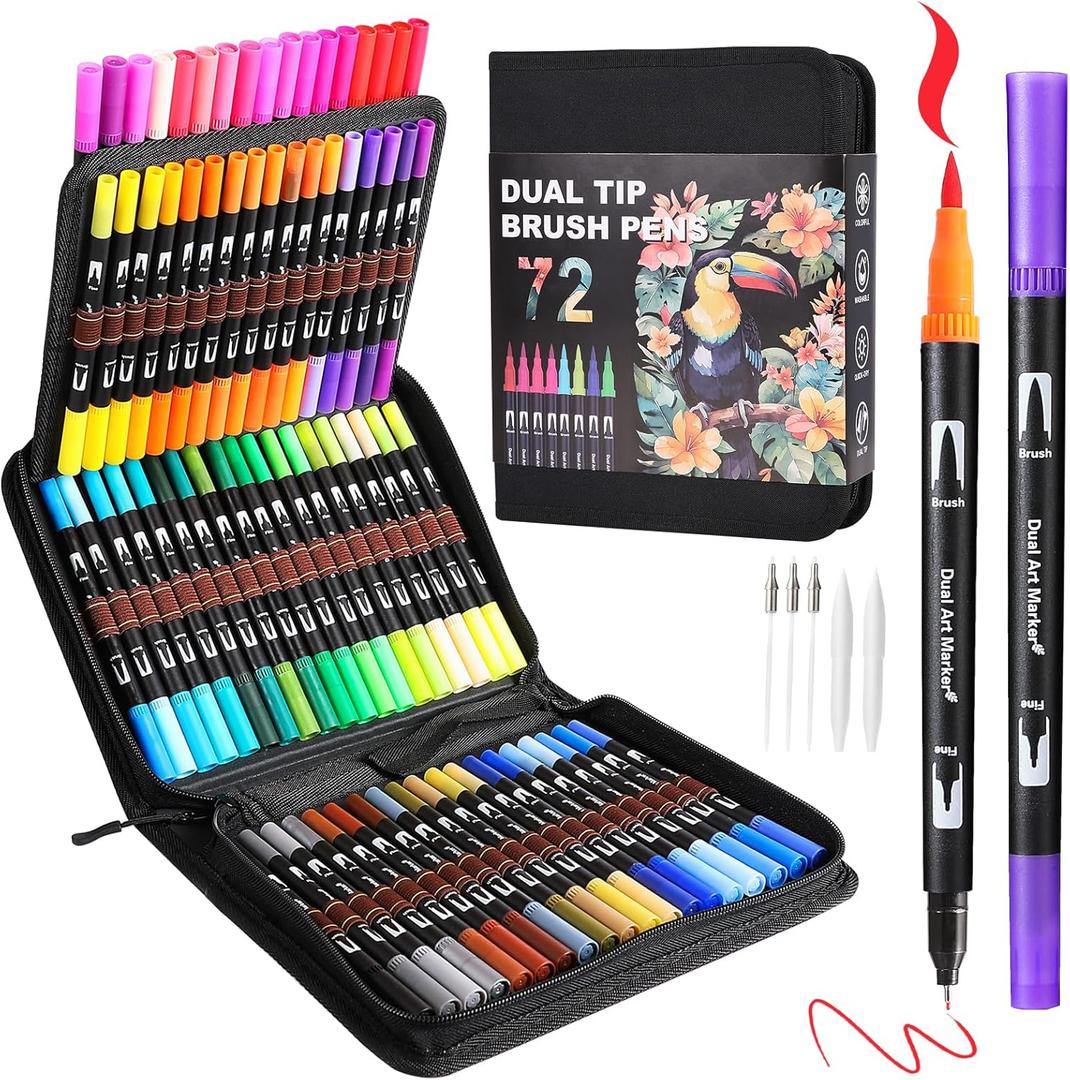 Dual Tip Markers, Double Brush Art Markers Set with Fine Tip and Brush Tip for Adult Coloring Book, Hand Lettering, Calligraphy & Drawing, Art Supplies Kit for Kids and Adults (72 Colors)