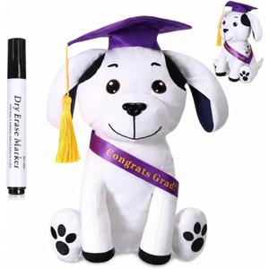Zomiboo Graduation Dog Autograph Stuffed Animal 2026 Smooth Fabric Stuffed Toy with Congrats Grad Signature Dog Animal with Marking Pen Gold Tassels for Graduate Party Supplies(Purple), 12 inches