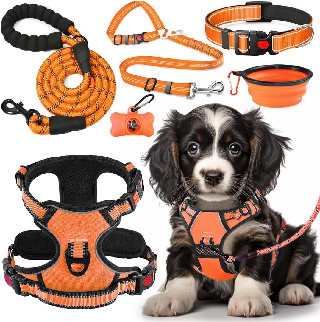 No Pull Dog Harness, Collar & Leash Set | Includes Dog Seat Belt, Collapsible Bowls & Poop Bag Dispenser. Ideal for Training, Walking, Hiking. Fits Small to Large Dogs (Orange-S)