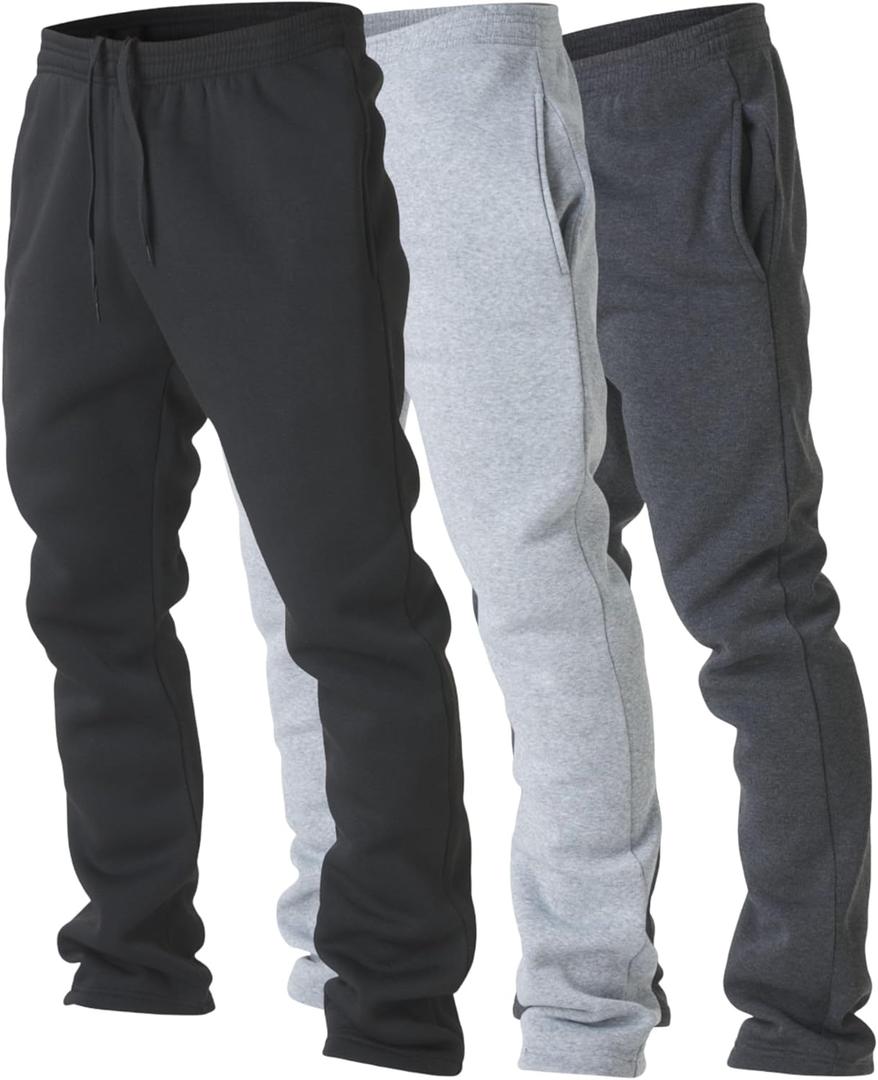 Ultra Performance 3 Pack Mens Fleece Wide Leg Sweatpants with Pockets, Open Bottom Workout Sweatpants for Men (X-Large, Charcoal / H. Grey / Black)