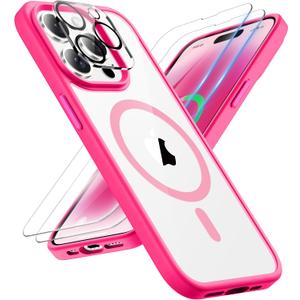 ORETECH for Magnetic iPhone 14 Pro Case, MagSafe Compatible, 15FT Drop Protection, Shockproof, Anti-Scratch, Transparent Back Phone Case with Screen & Camera Lens Protectors, Hot Pink